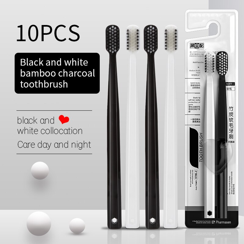 Bamboo Toothbrush Set - 10ชิ้นแปรงถ่านไม้ไผ่แปรงสีฟันขนนุ่มผ้าไหมชุดครอบครัวสีดำและสีขาวสำหรับผู้ชาย
