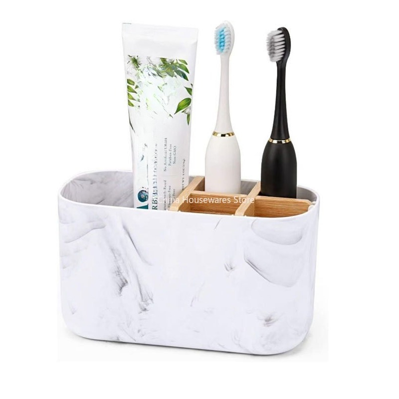 Bamboo Toothbrush Set - ที่วางแปรงสีฟันสำหรับแปรงไฟฟ้า ที่จัดระเบียบบนเคาน์เตอร์ห้องน้ำ พร้อมช่องใส่ 5 ช่อง ทำจากไม้ไผ่