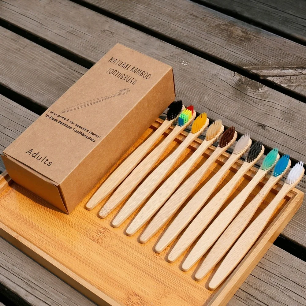 Bamboo Toothbrush Set - 10 ชิ้นที่มีสีสันแปรงสีฟันไม้ไผ่ธรรมชาติฟันชุดแปรงขนนุ่มถ่านฟันแปรงสีฟันไม้ไผ่ Eco