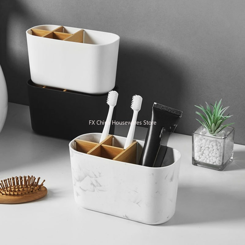 Bamboo Toothbrush Set - ที่วางแปรงสีฟันไม้ไผ่สำหรับแปรงสีฟันไฟฟ้า - ที่จัดระเบียบบนเคาน์เตอร์ห้องน้ำ 5 ช่อง พร้อมช่องใส่ยาสีฟัน