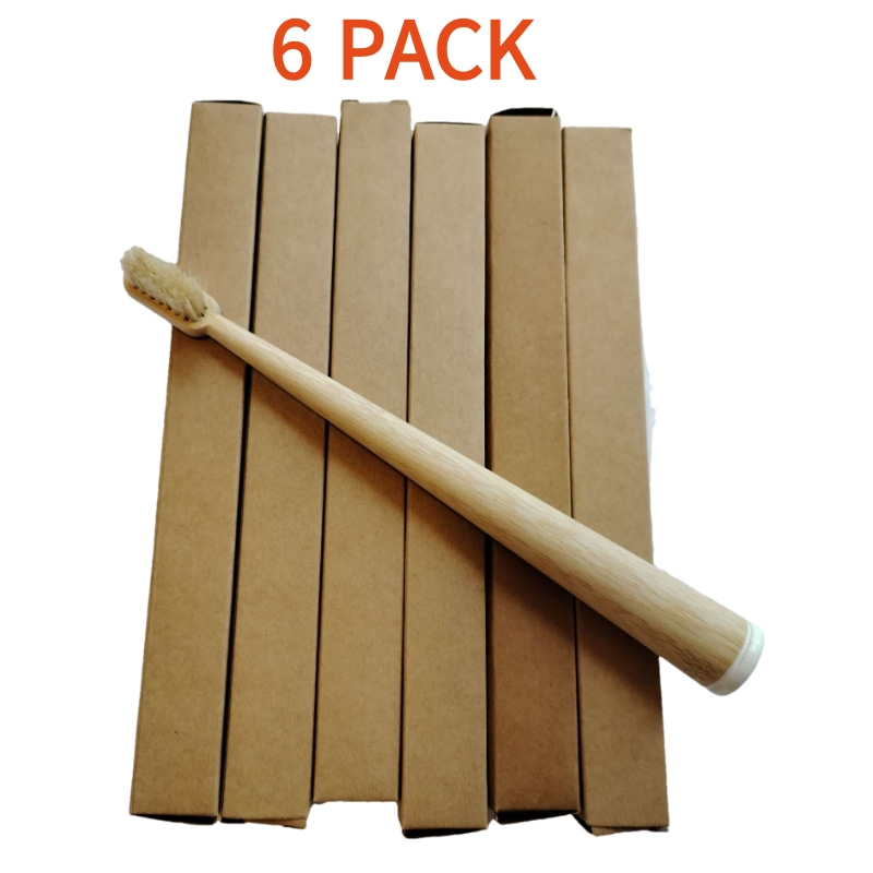 Bamboo Toothbrush Set - แปรงสีฟันขนหมูป่าและไม้ไผ่ 6 แพ็ค, แปรงสีฟันธรรมชาติย่อยสลายได้ เครื่องมือดูแลช่องปากสำหรับผู้ใหญ่