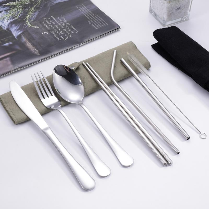 Stainless Steel Straw - 8 ชิ้น/เซ็ต ชุดอุปกรณ์รับประทานอาหาร ชุดช้อนส้อมสแตนเลส 430 ตะเกียบ